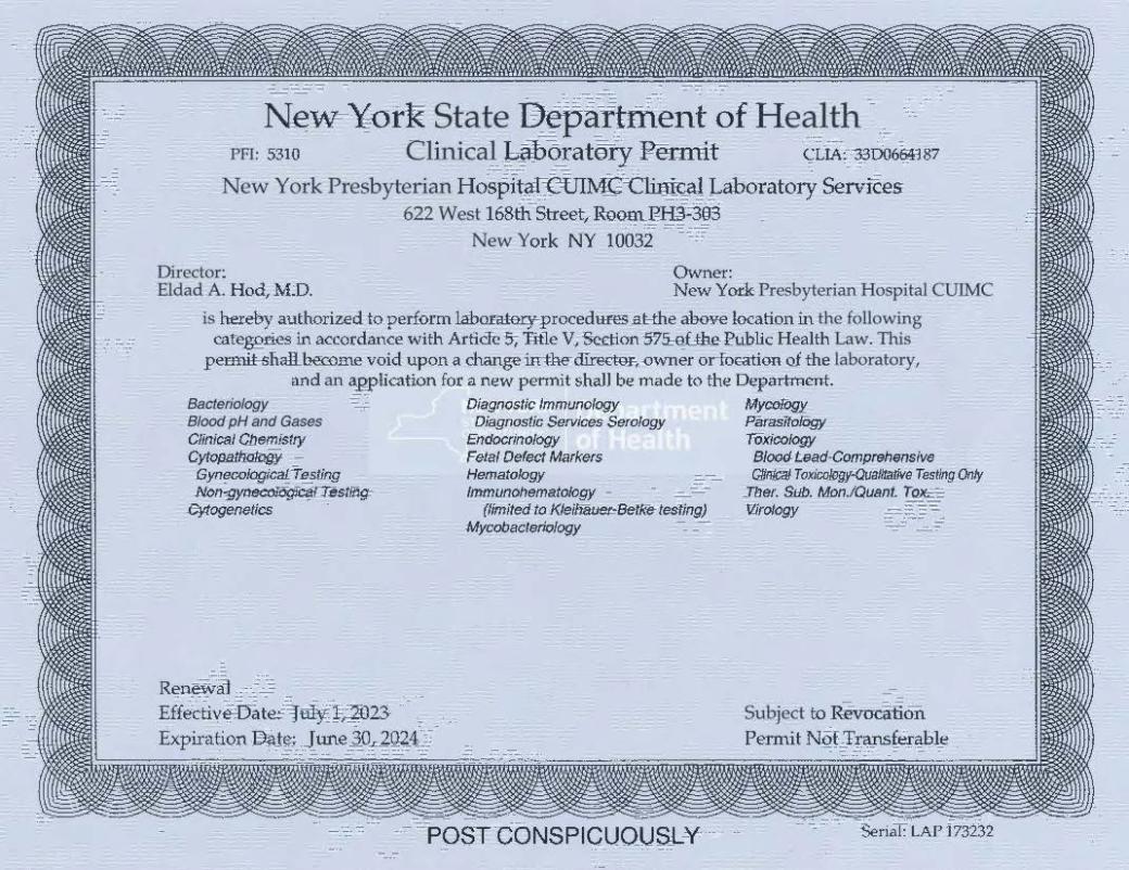 Laboratory Permits and Accreditations Pathology