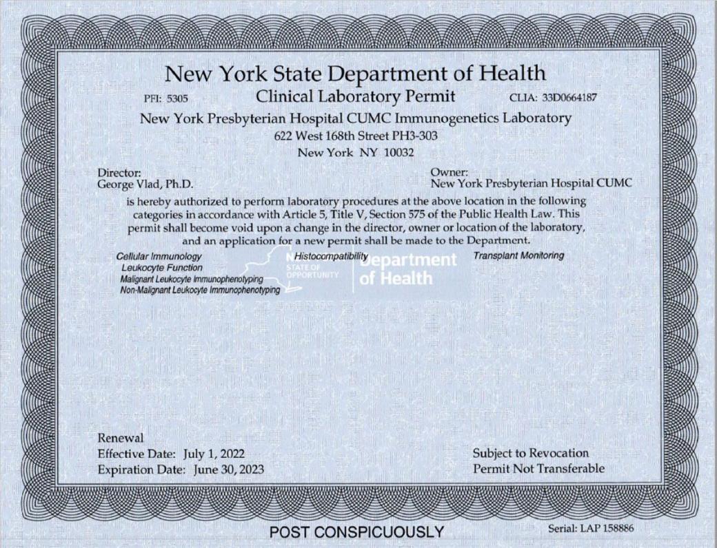 Laboratory Permits and Accreditations Pathology