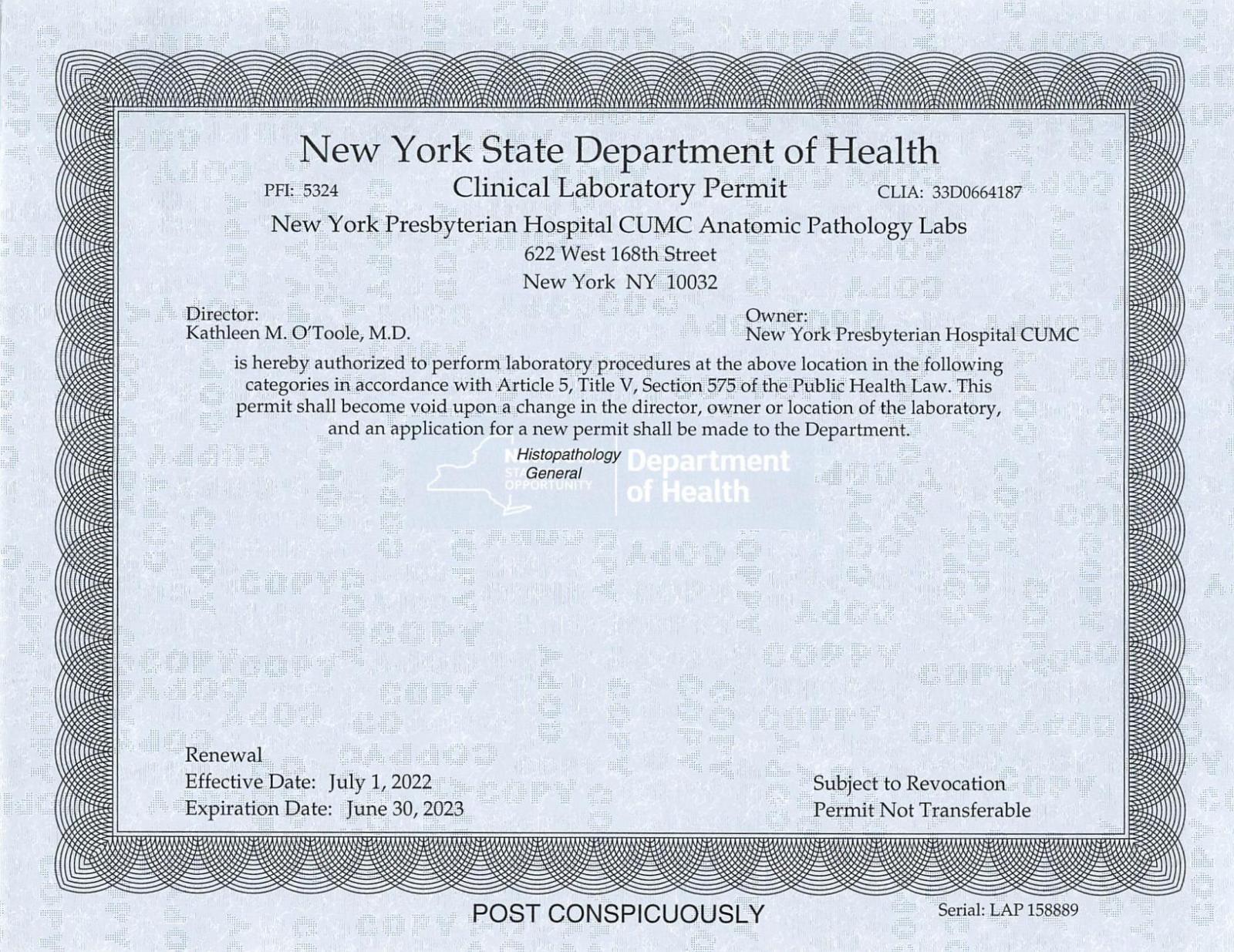 Laboratory Permits and Accreditations Pathology